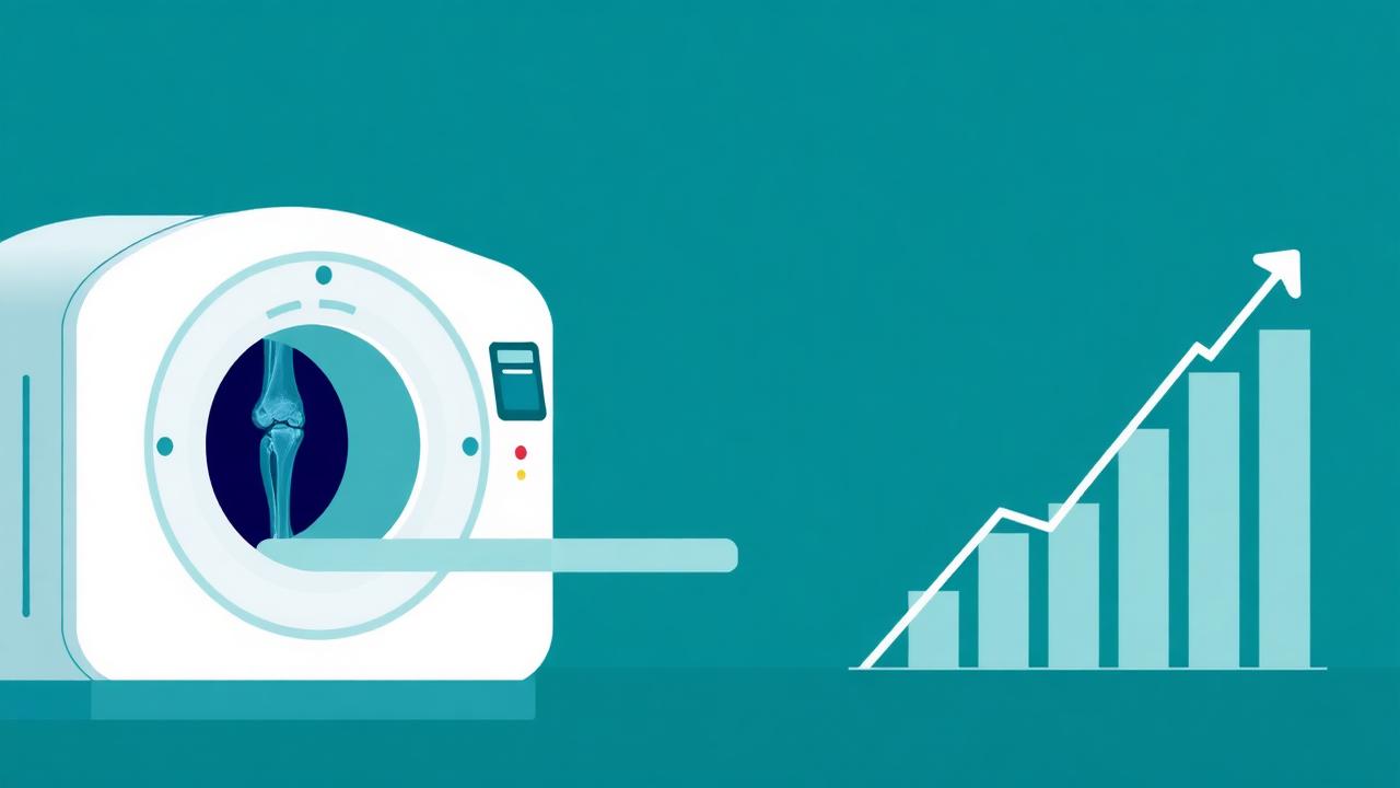 MRI machine showing a knee scan next to a rising approval chart