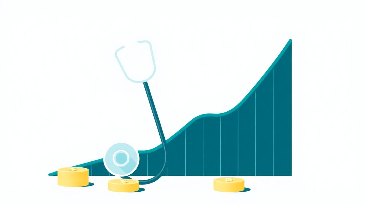 Upward financial chart with a stethoscope and coins